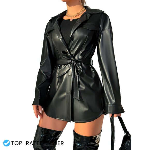 Jackets & Blazers - Faux Leather Trench Coat Motorcycle Style Classic Long Button Front Belted